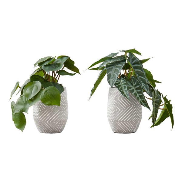 White Green Eight-Inch Alocasia Indoor Table Potted Artificial Plant, Set of Two, image 1